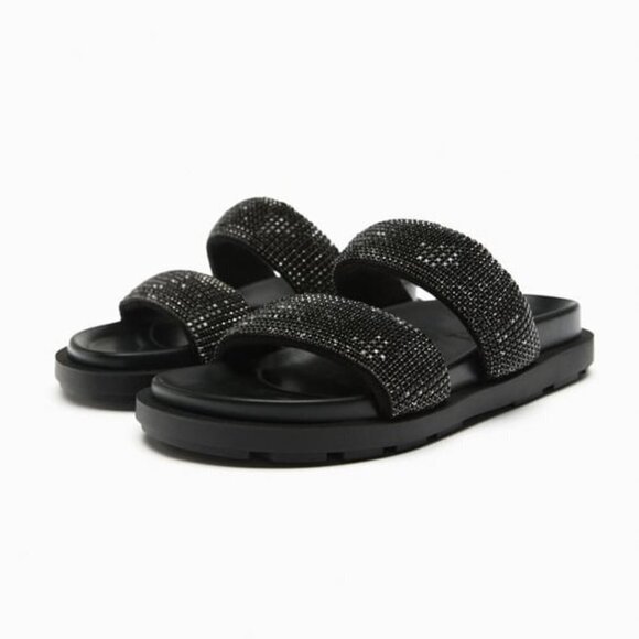 ZARA FLAT SLIDER SANDALS WITH RHINESTONES BLACK SIZE 7.5| 3661/110/800 - Picture 2 of 8